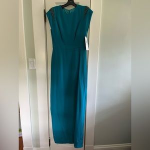 Theia cap-sleeve beaded silk satin column gown, lagoon blue